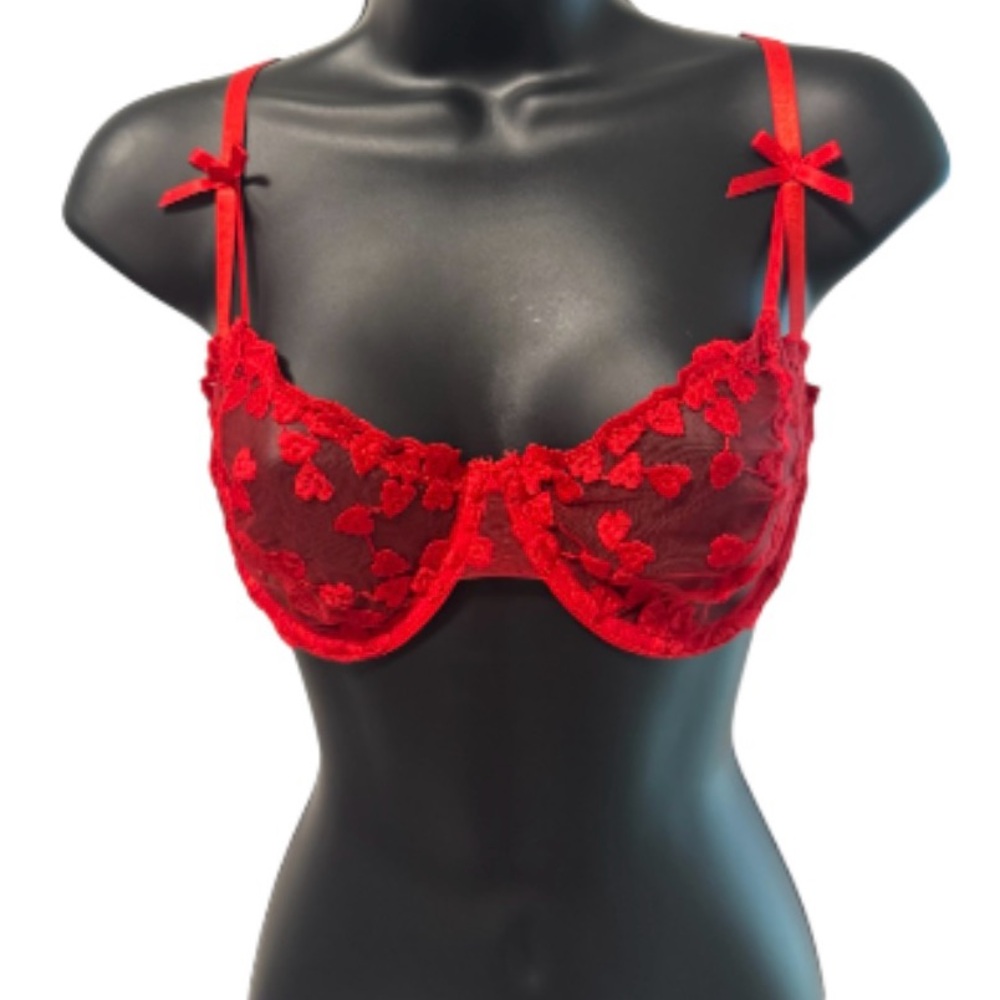 Sexy Red Lace Bra Set 💕 Heart Embroidery Lingerie - Size L